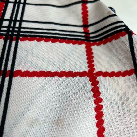 Vintage 1960s Mod Red Black Geometric Print Side Button Accent Shift Dress - Picture 14 of 15